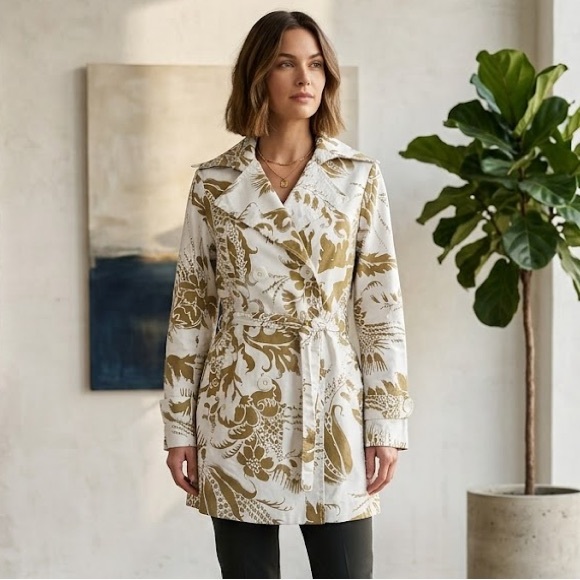 CAbi Jackets & Blazers - CAbi XS Floral Trench Coat Jacket Minimalist Chic Cotton Linen Neutral Cream Tan